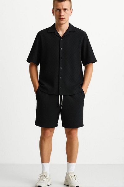 Twobucks Jacquard Knitwear Black Men's Shirt and Shorts Set