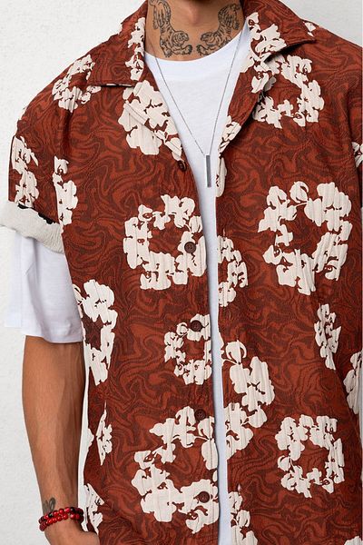 Plus Eighteen Coffee Floral Quilted Oversize Men's Shirt
