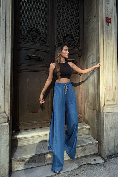 Bliss Γυναικείο παντελόνι Palazzo με ψηλόμεσο μπλέ Navy Modal