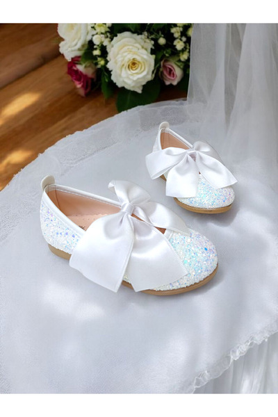 PATİK BEBE Girl's White Color Shiny Silvery Bow Orthopedic Stylish Ballet