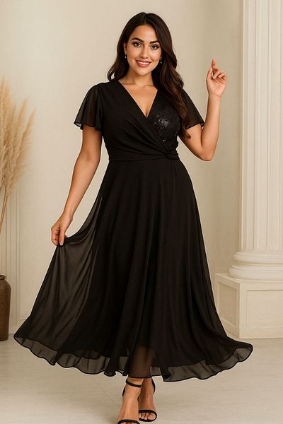 Butik Nilyam Γυναικείο φόρεμα με διπλό στήθος με κοντό μανίκι με κοντό μανίκι για γυναίκες με σιφόν φόρεμα 24087