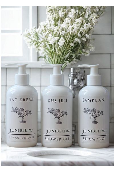 junibeliw Set de 3 sticle din plastic alb GOALE Mica Balsam Gel de duș Flacon șampon 3x250ml