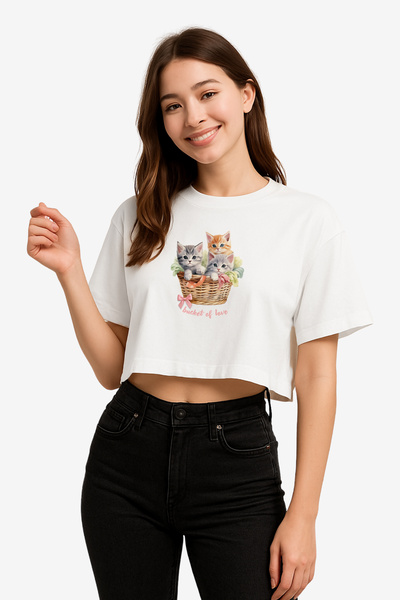 FANA تي شيرت نسائي شبه قصير كبير الحجم - تي شيرت مطبوع عليه قطط لطيفة في سلة
