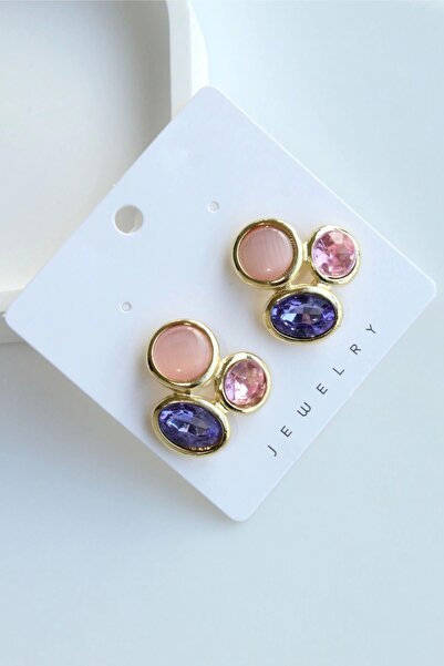 Leo'Stone Özel Tasarım Çok Renkli Taşlı Kararmaz Renk Atmaz Kadın Çelik Küpe