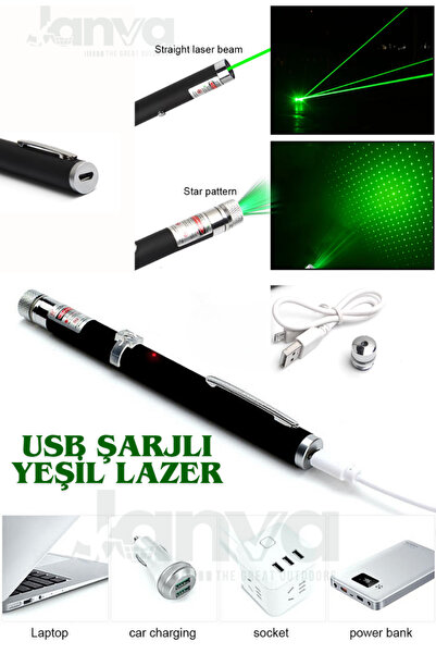 Janva Usb Şarjlı Voltran Yeşil Lazer Kalem Başlıklı Yeşil Lazer Pointer Turbo Işın Yeşil Laser Pointer