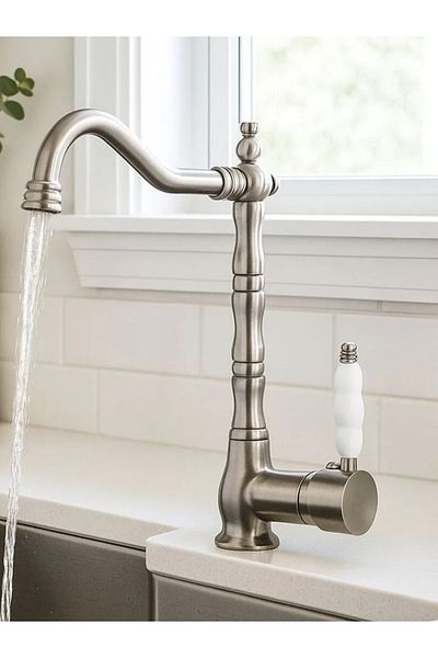 RUDİ ARMATÜR Inox Brass Material - Ceramic Handle - Rustic Kitchen Faucet with Rotating Body