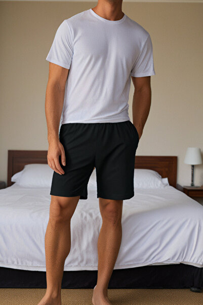 Elemge Pamuklu 2'li Erkek Pijama Şort Ince Compact Penye Siyah & Lacivert Cepli Rahat Kalıp Terletmez Likra