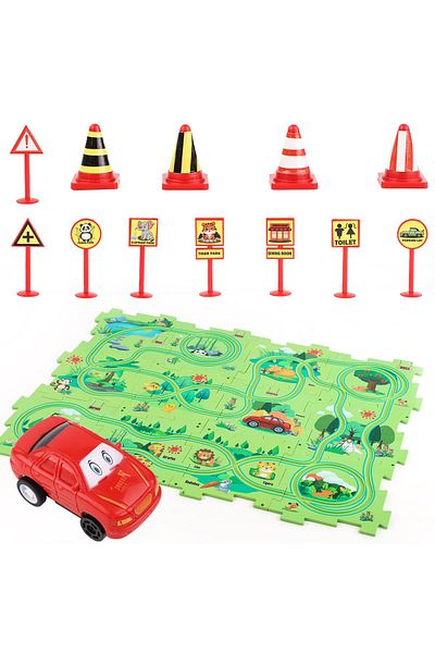VENTLEX Puzzle Multifunctional Educational Pentru Copii, Model Pista Masinuta Rosie, +3, Verde