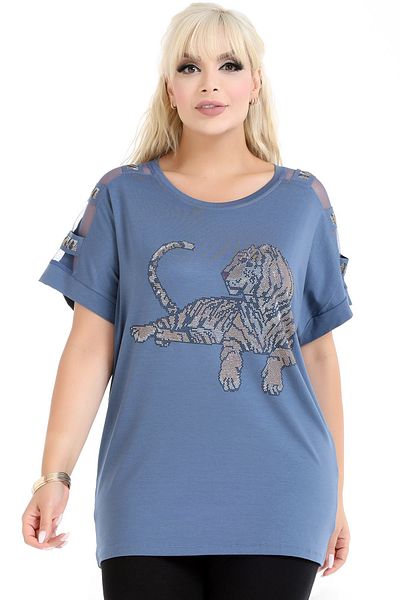 Kheos Tiger Stone Printed Sleeve with Tulle Stripe on the Shoulder Crew Neck Flexible Stylish and Cool Lycra Large Size Blouse