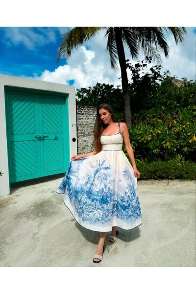 MODALOVİA Nature Patterned Strap Summer Midi Dress