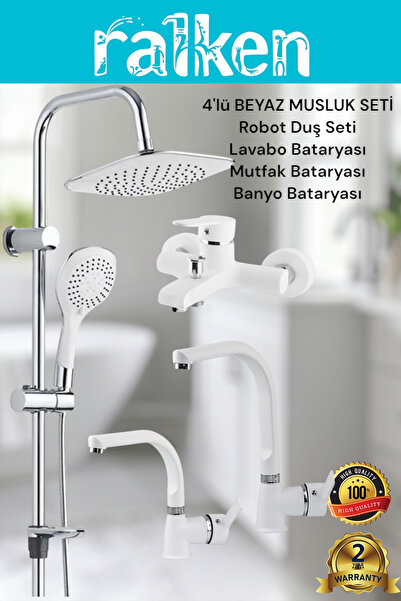 RALKEN Lüx Beyaz 4’lü Kalın Gövde Banyo Seti Robot Tepe Duş, Banyo, Lavabo, E...