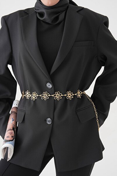 Kemerix Women's Flower Detailed Original Tarnish-Free Gold Chain Belt