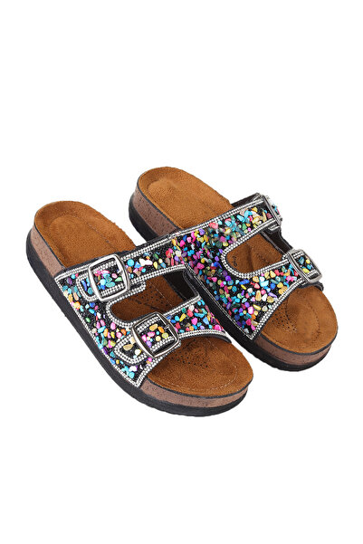 Vojo Γυναικείες παντόφλες Guca Orthopedic Πολύχρωμες Φυσική Πέτρα Διπλή Πόρπη Μαύρο Χρώμα