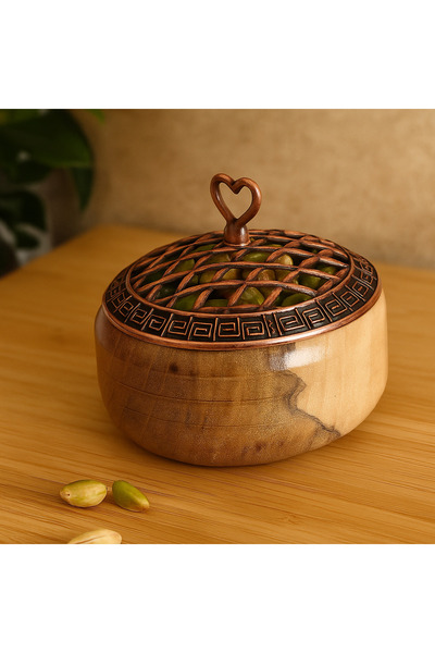 tios home Single Decorative Copper Lid Natural Wooden Presentation Bowl Snack Bowl Rustic Serving Bowl Round Diameter 9.5cm