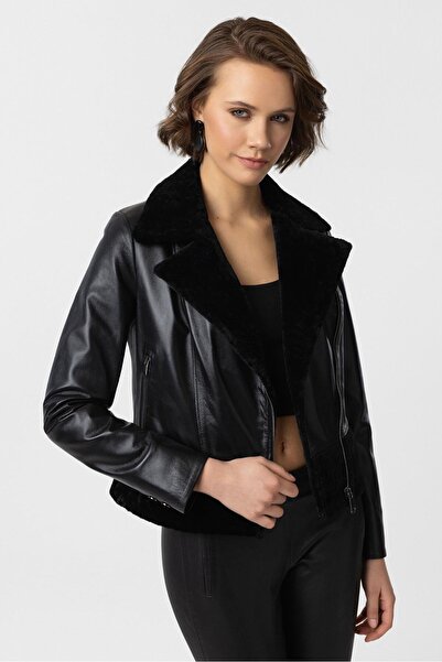 Deriderim Siyah Wendy Yandan Fermuarlı Kürk Yaka Biker Kadın Kısa Hakiki Deri Ceket