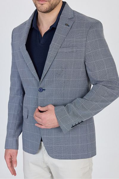 Frappoli Gerardo Men's Navy Plaid Textured Polyviscon Fabric Slim Fit Slim Fit Sports Blazer Jacket