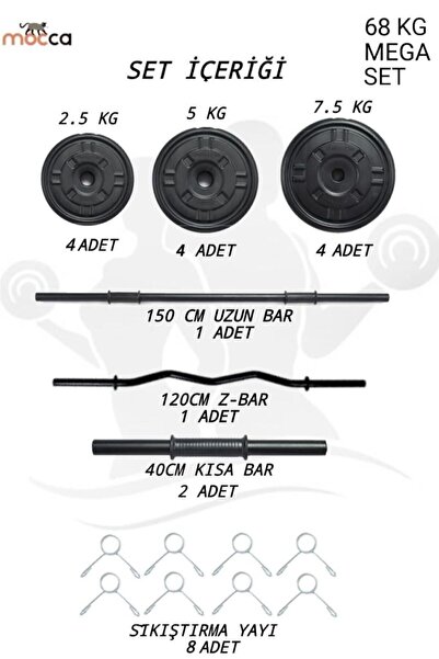 Mocca Style 68 Kg Z-barlı Megaset Halter Seti Ve Dambıl Seti, Uzun Bar 150 Cm Ağırlık Seti ,fitness Seti