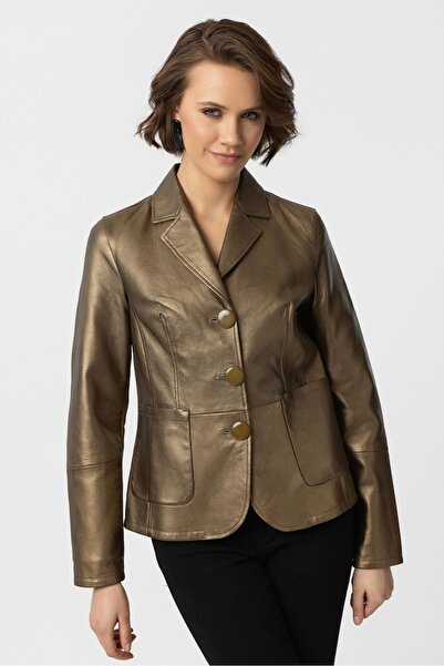 Deriderim Gold Bloom Blazer Kadın Hakiki Deri Ceket
