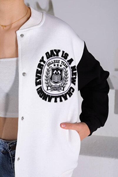 Sparrow Laurel Siyah Beyaz Bomber Yaka Oversıze Çıtçıtlı Polar Kolej Bomber Ceket (üç Iplik Şardonlu)