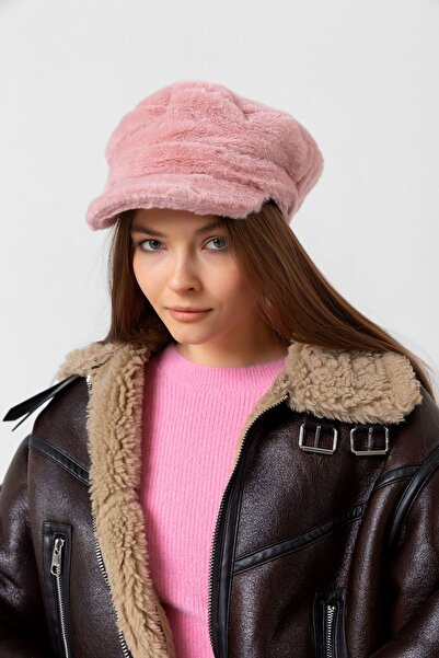 Luminos Butik Pudra Kalın Tüylü Kışlık Şapka Sıcak Tutan Pofuduk Kürk Dokulu Aksesuar Spk1128