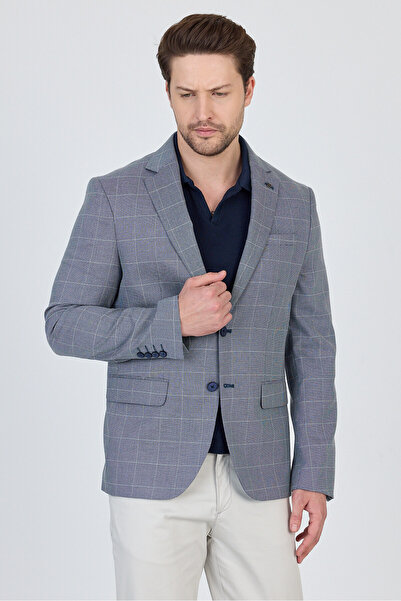Frappoli Gerardo Чоловічий темно-синій картатий полівіскозний тканинний вузький крій Slim Fit спортивний блейзер