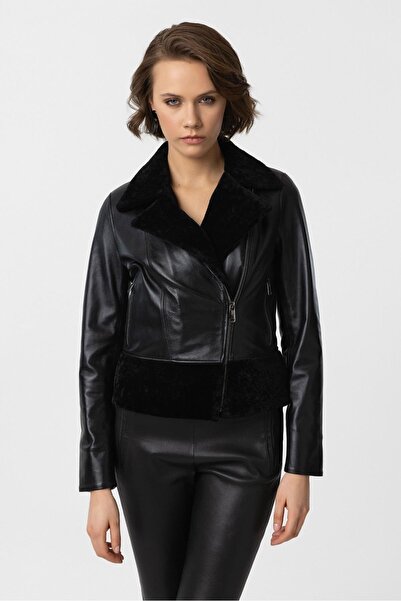 Deriderim Siyah Wendy Yandan Fermuarlı Kürk Yaka Biker Kadın Kısa Hakiki Deri Ceket