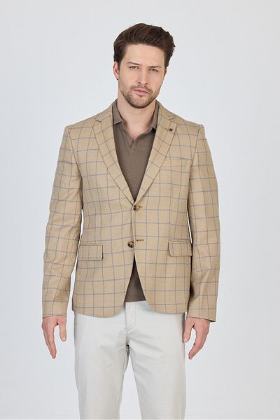 Frappoli Trieste Men's Beige Plaid Checked Spring-Summer Sports Blazer Jacket
