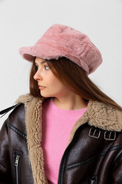 Luminos Butik Pudra Kalın Tüylü Kışlık Şapka Sıcak Tutan Pofuduk Kürk Dokulu Aksesuar Spk1128