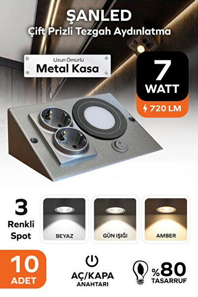 ŞANLEDCFR 7W 3 Renkli Antrasit Çift Prizli Dolap & Tezgah Altı Metal Led Aydı...