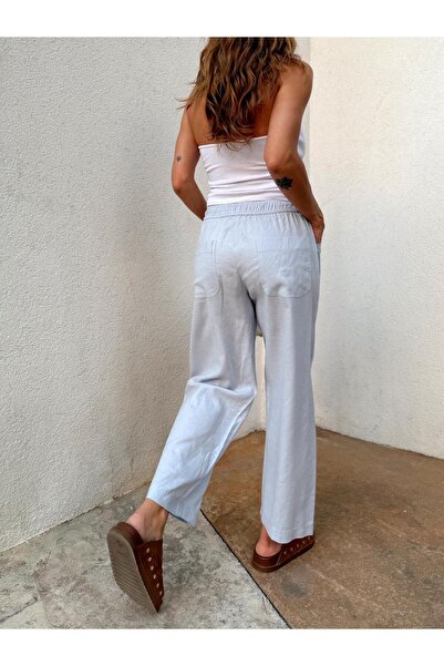 Maldia Shop Women's Elastic Waist Aegean Baby Blue Oversize Linen Trousers