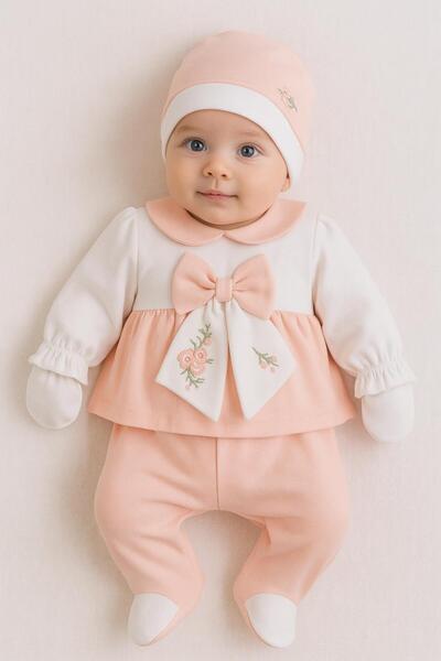 Pimadyo Hastane Çıkışı Organik Kumaş Nakışlı Fiyonklu Üst Alt 5li Hastane Çık...