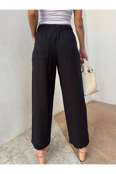 Maldia Shop Women's Elastic Waist Aegean Black Oversize Linen Trousers