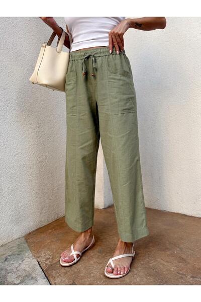 Maldia Shop Women's Elastic Waist Aegean Khaki Oversize Linen Trousers