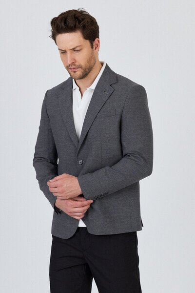 Frappoli Tadic Erkek Koyu Gri Desenli Esneyen Kumaş Slim Fit Kapak Cepli Yarım Astar 4 Mevsim Blazer Ceket