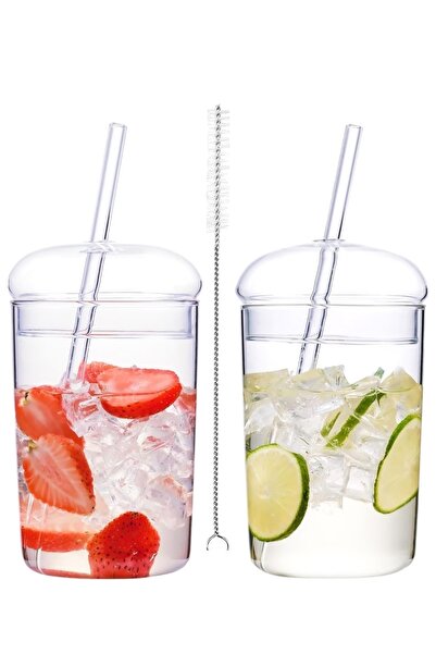 Yenigeldi 4 قطع من الأكواب الزجاجية المقاومة للحرارة مع أغطية قبة وشفاطات + 1 قطعة فرشاة للشرب