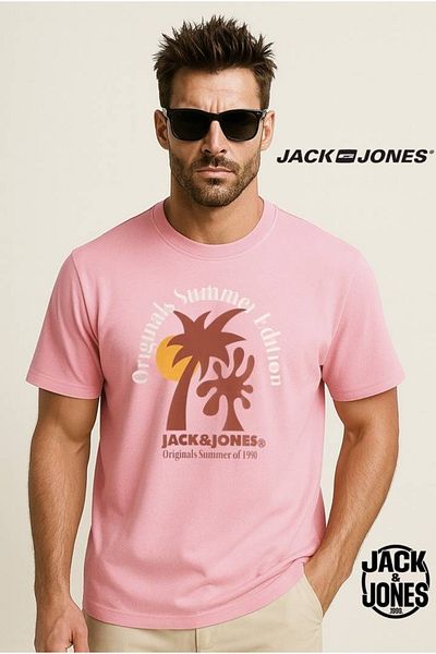 Jack & Jones Tricou cu imprimeu cu logo pentru bărbați J&J JJDOWN roz deschis A3333