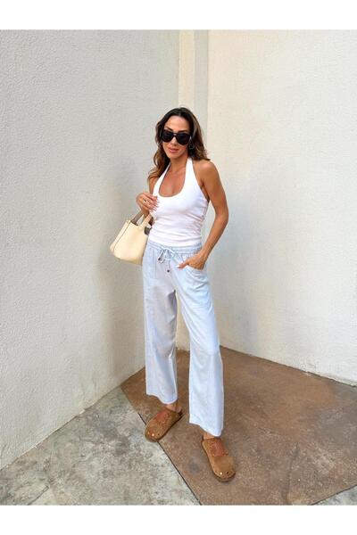 Maldia Shop Women's Elastic Waist Aegean Baby Blue Oversize Linen Trousers