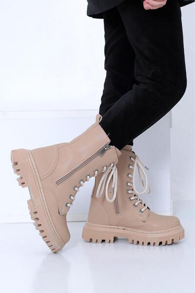 lady classy Kız Çocuk Bej Yanı Fermuar Detaylı Bağcıklı Ve Fermuarlı Bot