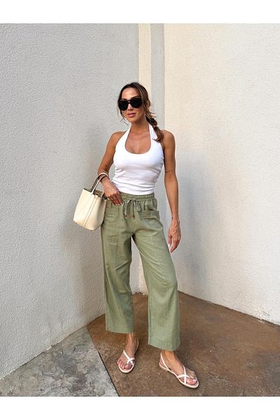 Maldia Shop Women's Elastic Waist Aegean Khaki Oversize Linen Trousers
