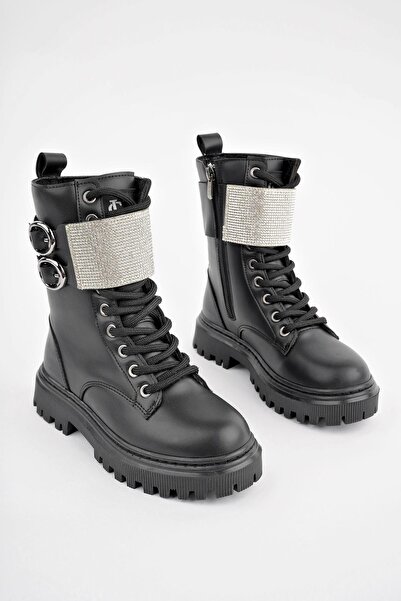 lady classy Kadın Taş Detaylı Tokalı Fermuarlı Kaymaz Taban Postal Bot