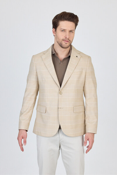 Frappoli Mendey Erkek Bej Ekose Keten Görünümlü Slim Fit Spor Blazer Ceket