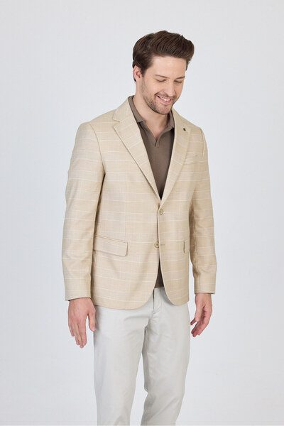 Frappoli Mendey Erkek Bej Ekose Keten Görünümlü Slim Fit Spor Blazer Ceket