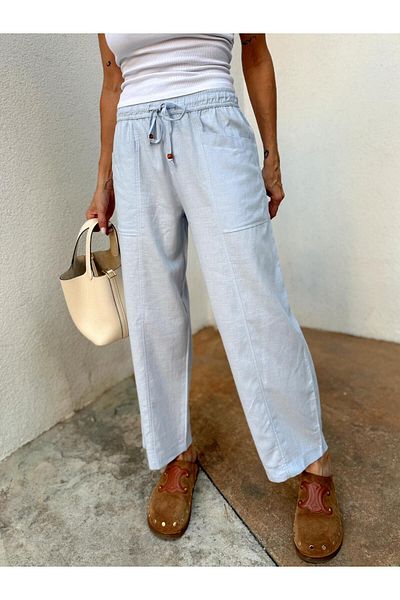 Maldia Shop Women's Elastic Waist Aegean Baby Blue Oversize Linen Trousers