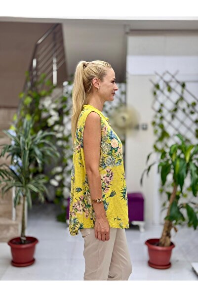 Punta Otantik LS8819D Αμάνικη βαμβακερή ιταλική μπλούζα με τσέπες κίτρινη