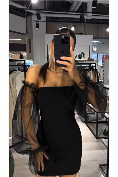 OLSAMODA KADIN STRAPLEZ YAKA KOLLARI TÜL GARNİLİ ESNEK KUMAŞ DAVET ELBİSESİ