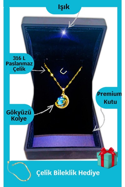 ganispe Süper Kasım Işıklı Premium Kutuda | Gökyüzü- Gezegen Kolye | 316l Çel...