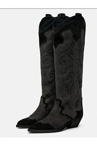 Butik ALLBUCKS ZR ZA RA Gerçek Hakiki Deri Denim Mix Uzun Kovboy Çizmesi ABZRA0104