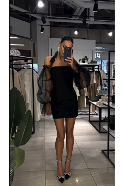 OLSAMODA KADIN STRAPLEZ YAKA KOLLARI TÜL GARNİLİ ESNEK KUMAŞ DAVET ELBİSESİ