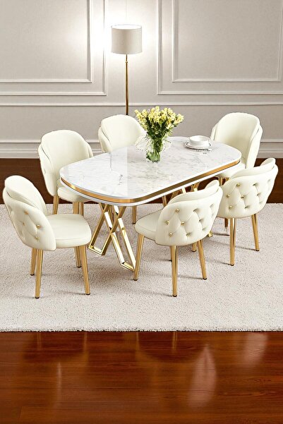 Kaktüs Avm 6'lı Mutfak Sandalyesi Salon Sandalyesi Gold Düğme Gold Konik Ayak Çift Papel Sandalye Baby Face