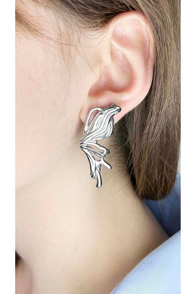 Neon Takı by Atalay Sensitivity Tag and Stainless Steel Earring in the Form of a Butterfly 646, Silver Color